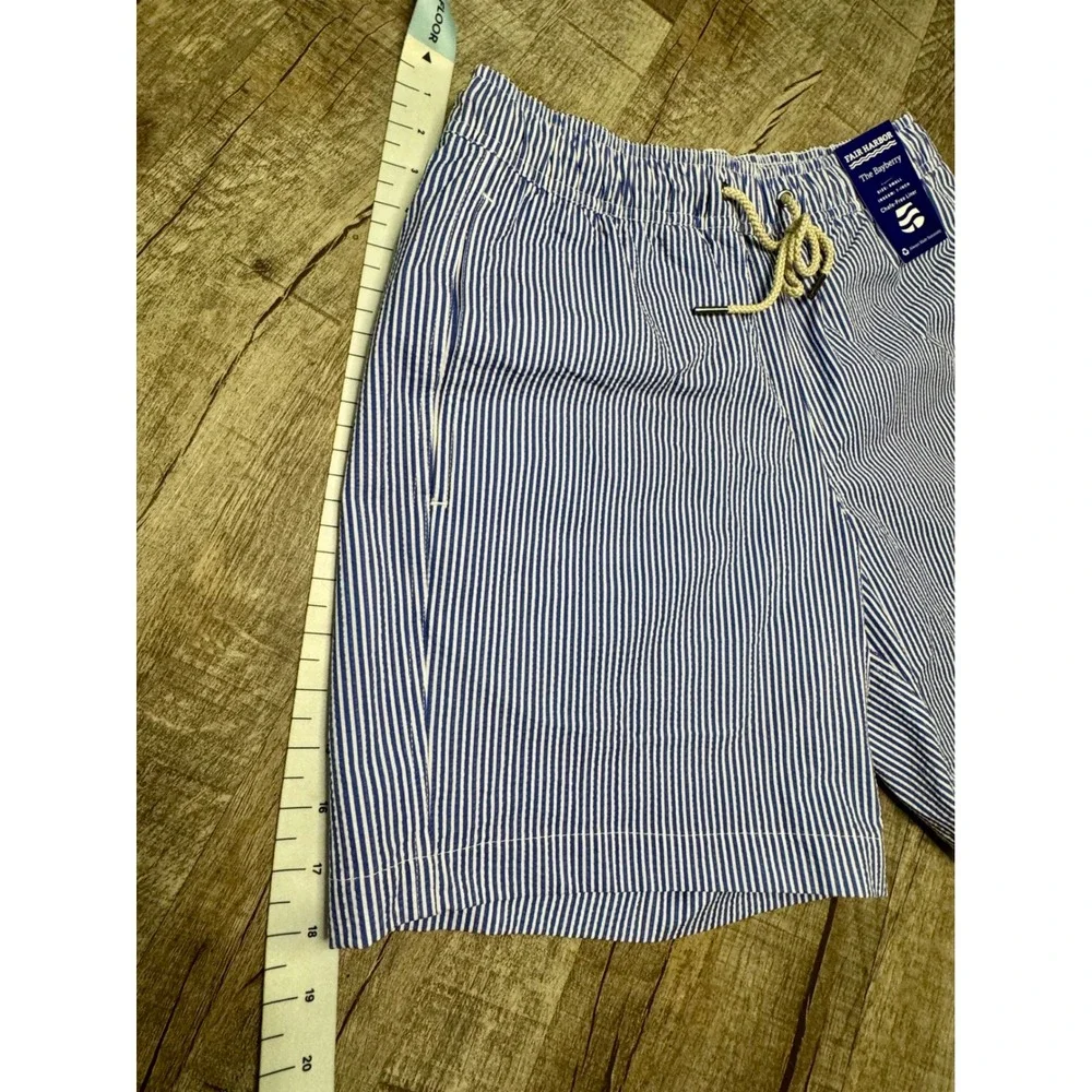 Fair Harbor The Bayberry Swim Trunks Blue White Seersucker Stripe Mens Small